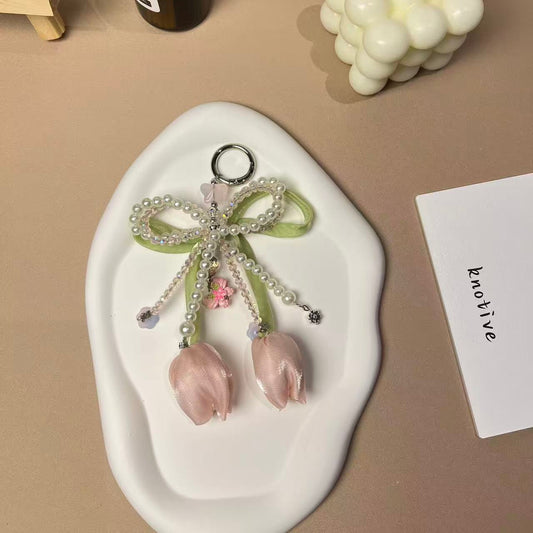 Pearl Bow & Double Tulip Phone Charm | Knotive